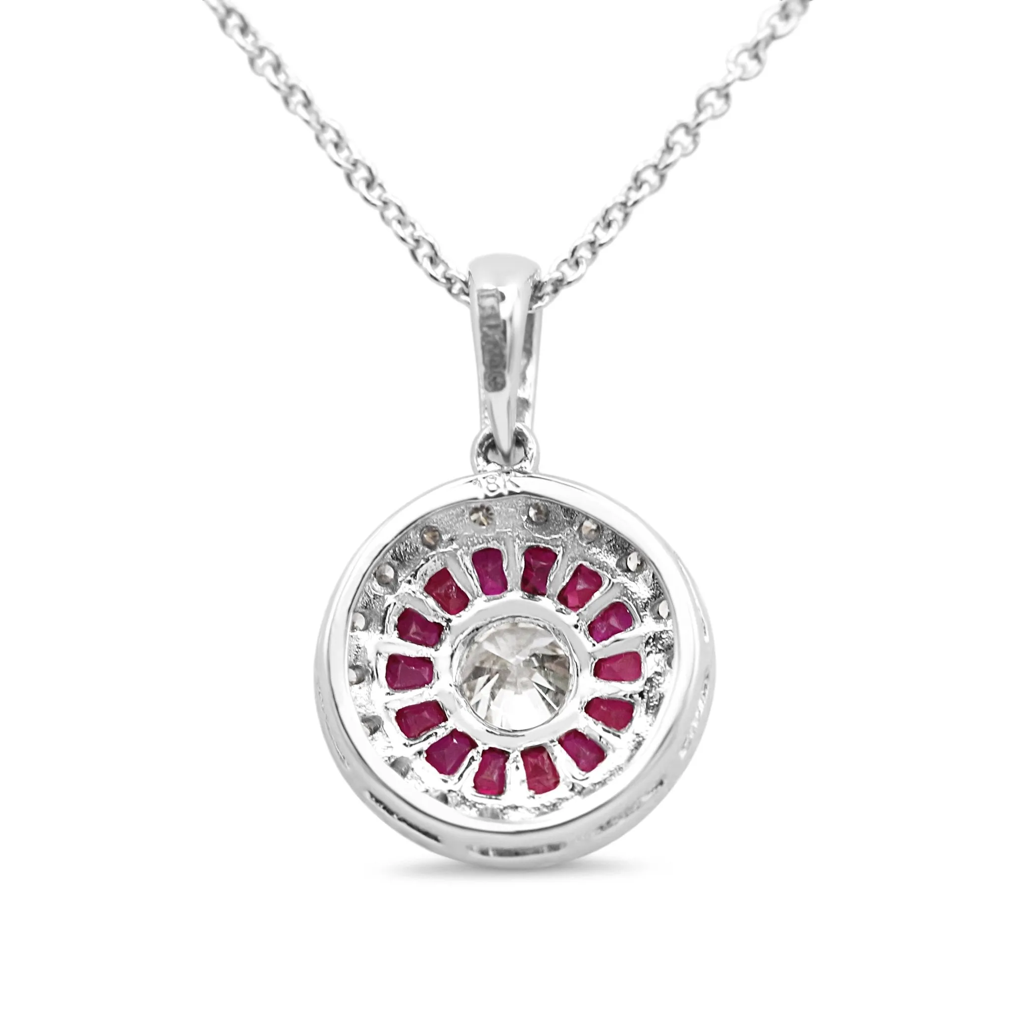18ct White Gold Diamond & Ruby Target Cluster Pendant Necklace 17"
