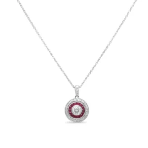 18ct White Gold Diamond & Ruby Target Cluster Pendant Necklace 17"