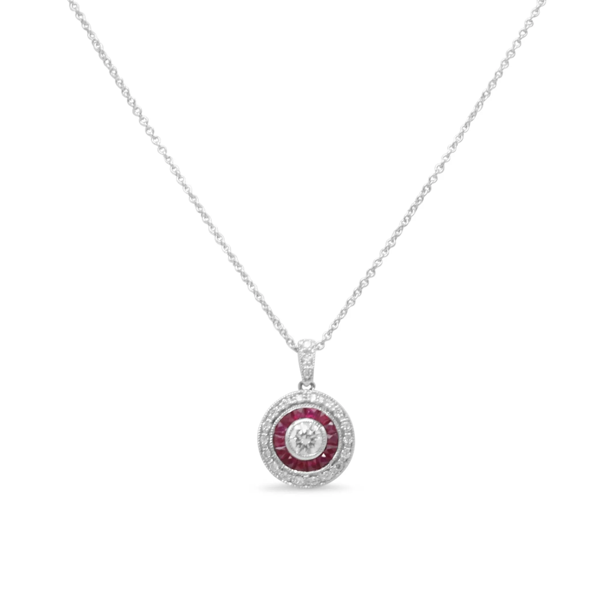 18ct White Gold Diamond & Ruby Target Cluster Pendant Necklace 17"