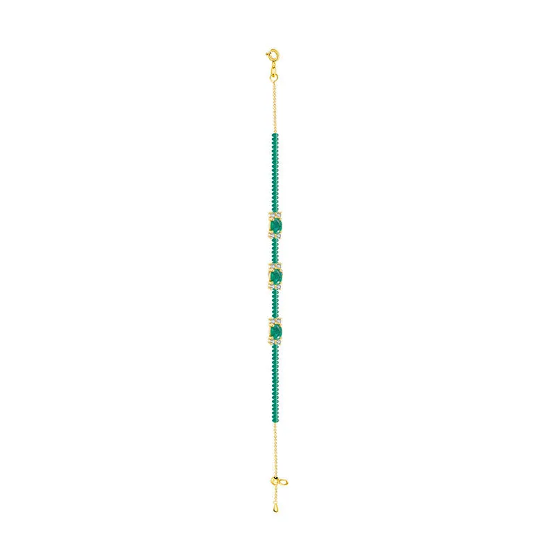 18k Gold Triple Emerald Diamond Bracelet with Beaded Emerald