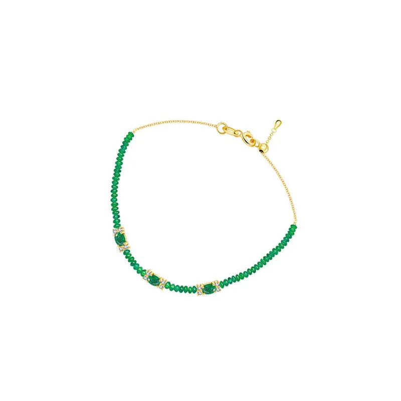 18k Gold Triple Emerald Diamond Bracelet with Beaded Emerald