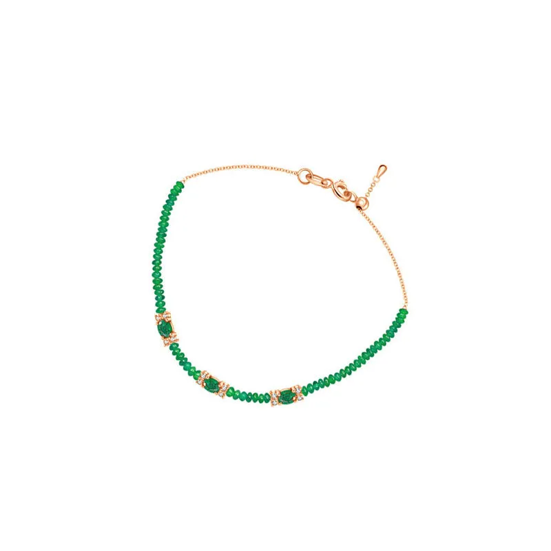 18k Gold Triple Emerald Diamond Bracelet with Beaded Emerald
