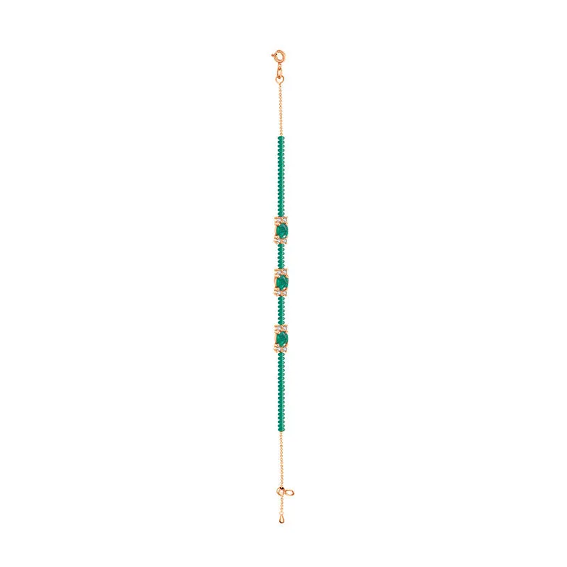 18k Gold Triple Emerald Diamond Bracelet with Beaded Emerald