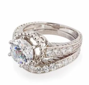 2 Carat Round Cut Cubic Zirconia Vintage Halo Engagement & Wedding Ring Set  In Sterling Silver
