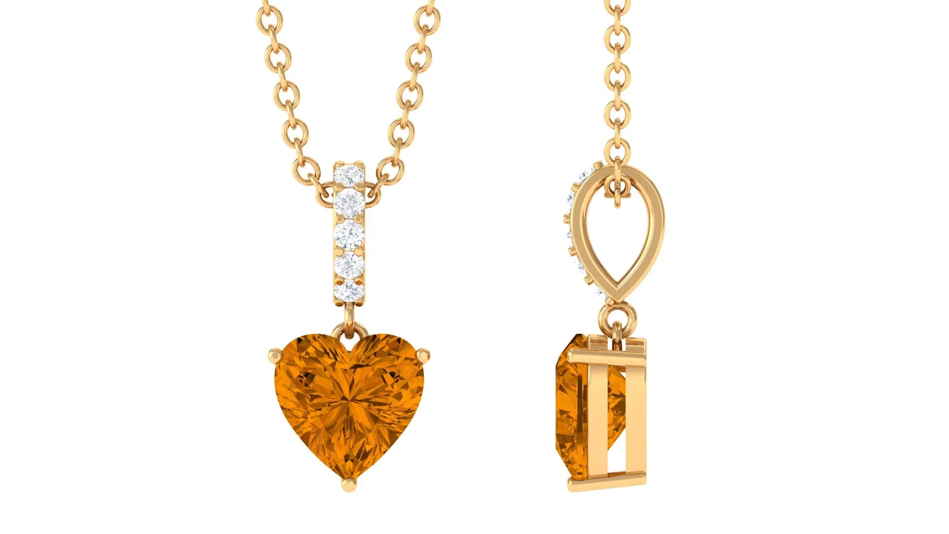 6 MM Heart Shape Citrine Solitaire Pendant with Diamond Accent Bail