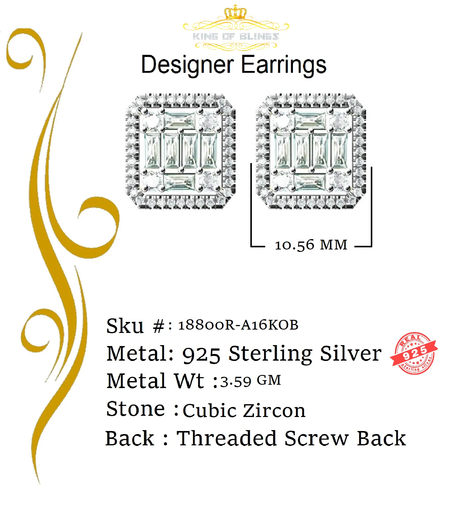 925 Rose Sterling Silver 0.96ct Cubic Zirconia Women's Hip Hop Square Earrings