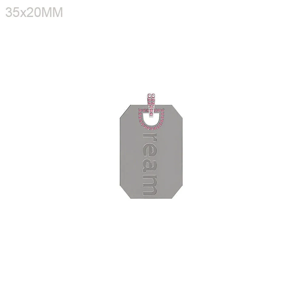 925 Sterling Silver Pink Sapphire Dream Word Initial Charm Tag Pendant Jewelry