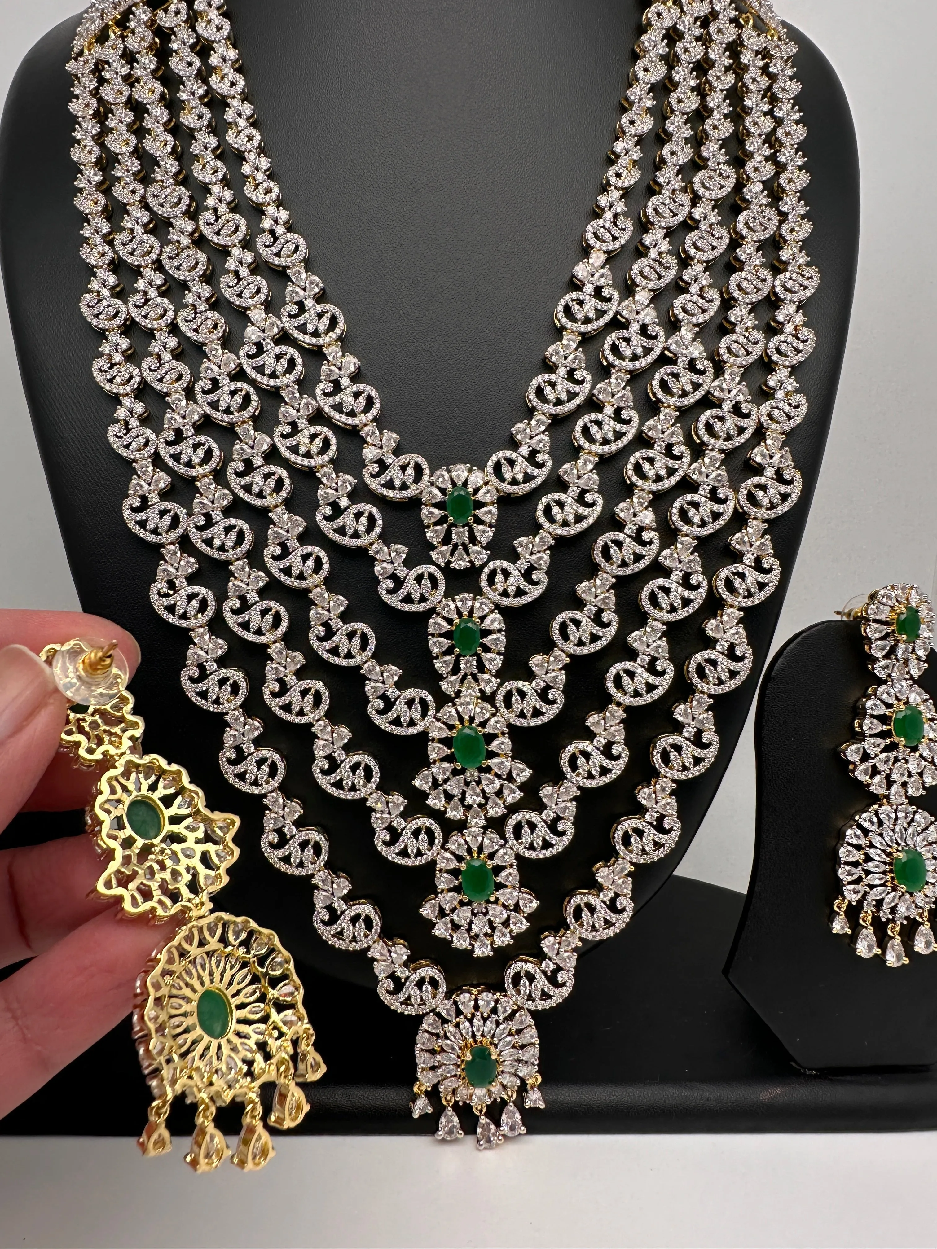 AD Diamond Finish Emerald Green Panch Lada Long  Necklace