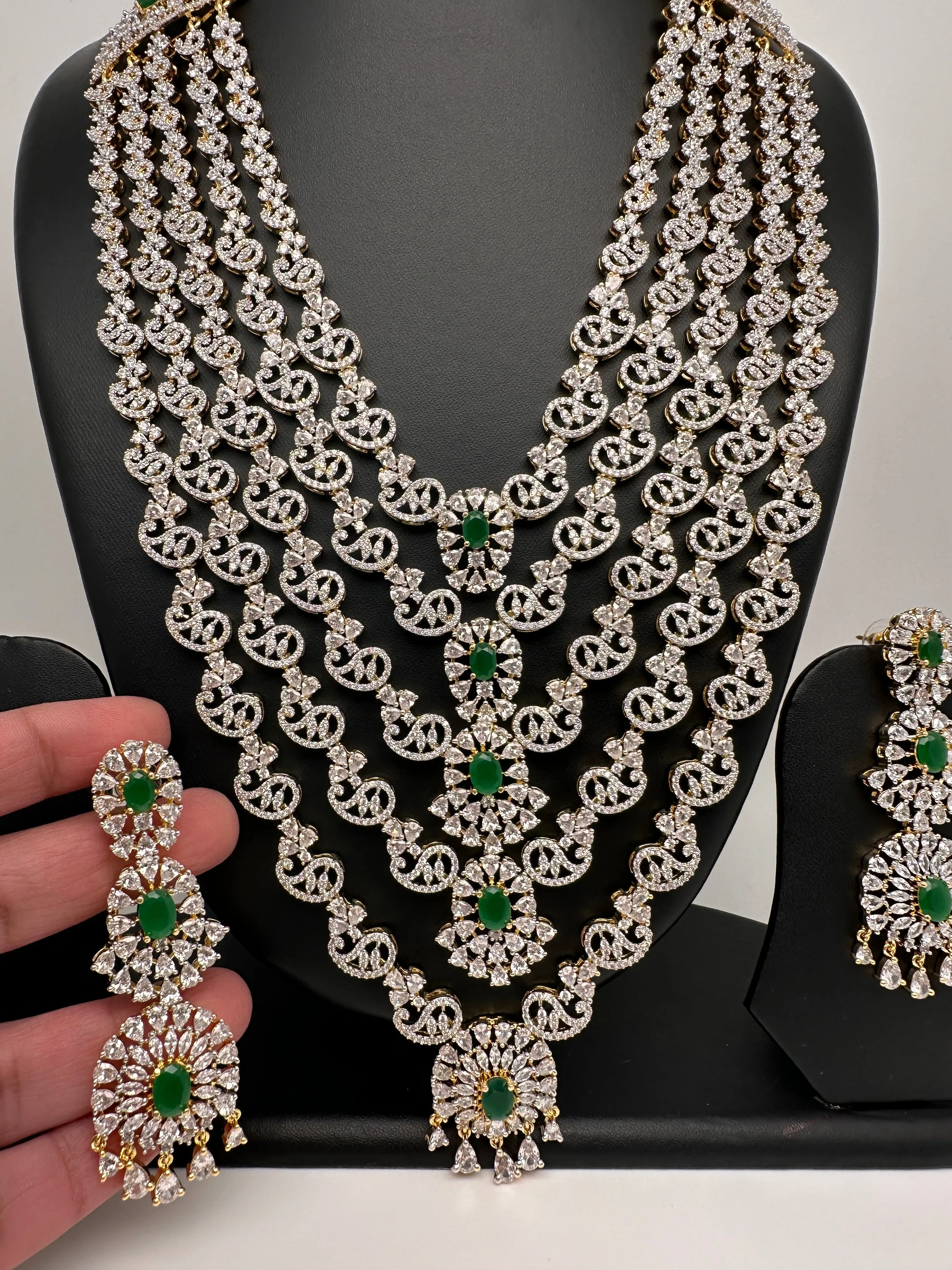 AD Diamond Finish Emerald Green Panch Lada Long  Necklace