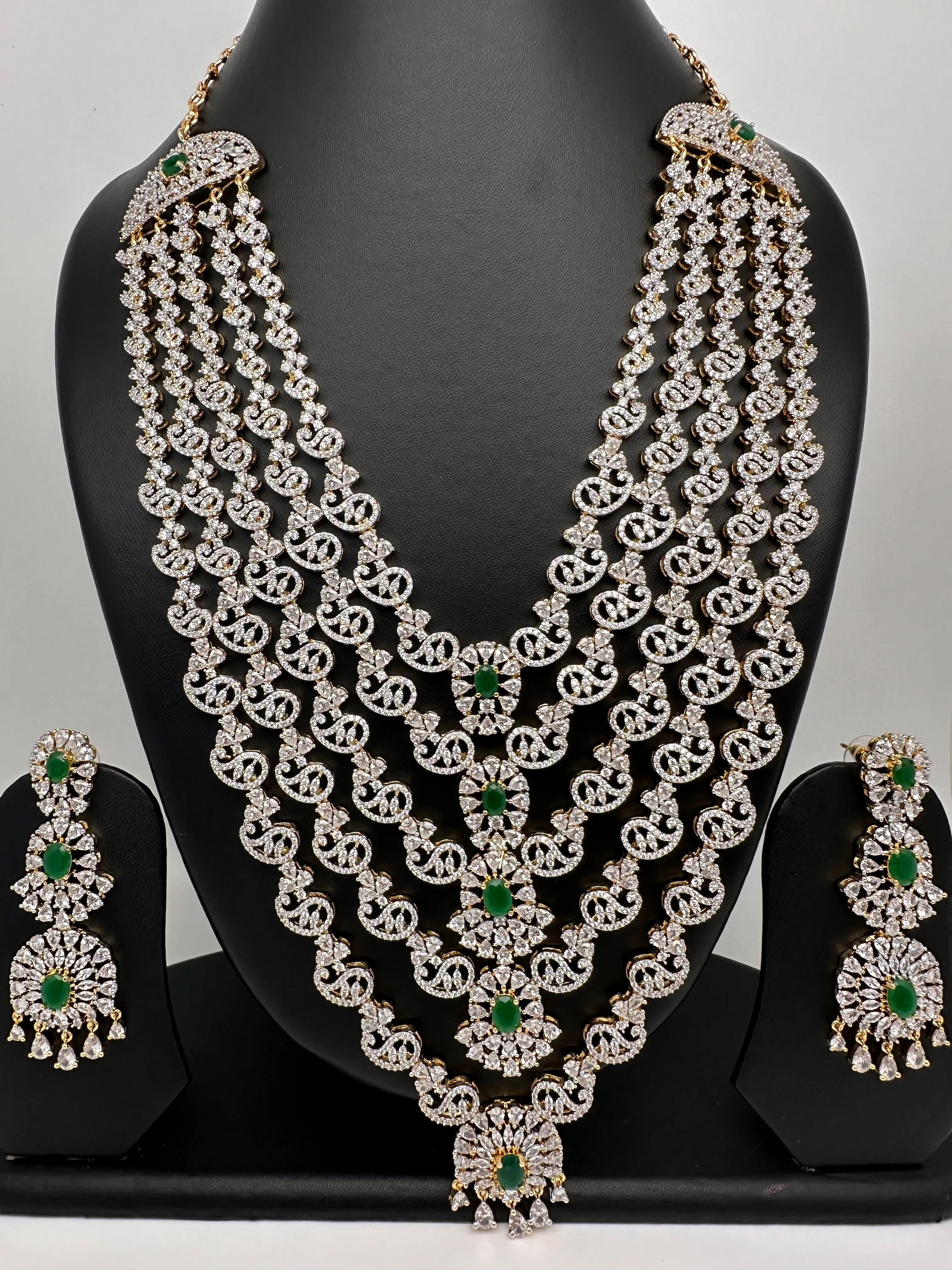 AD Diamond Finish Emerald Green Panch Lada Long  Necklace