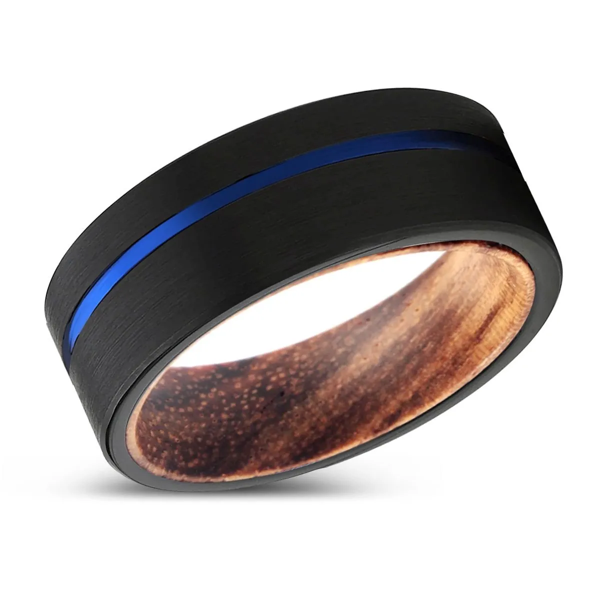 ALVARO | Zebra Wood Ring, Black Tungsten Ring, Blue Offset Groove, Flat