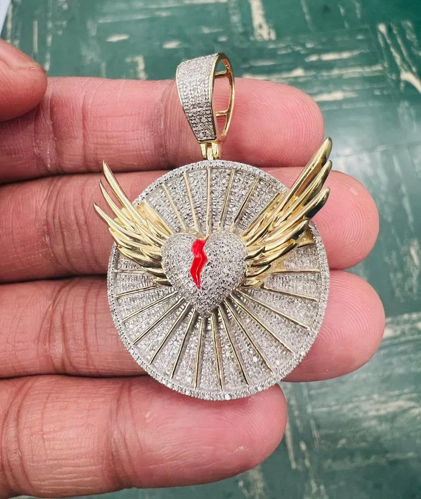 Angel Heart Wing Medallion Pendant 0.79Ct Diamond Pendant 10K Yellow Gold Angel Wing Charm Pendant  | Gift For Him