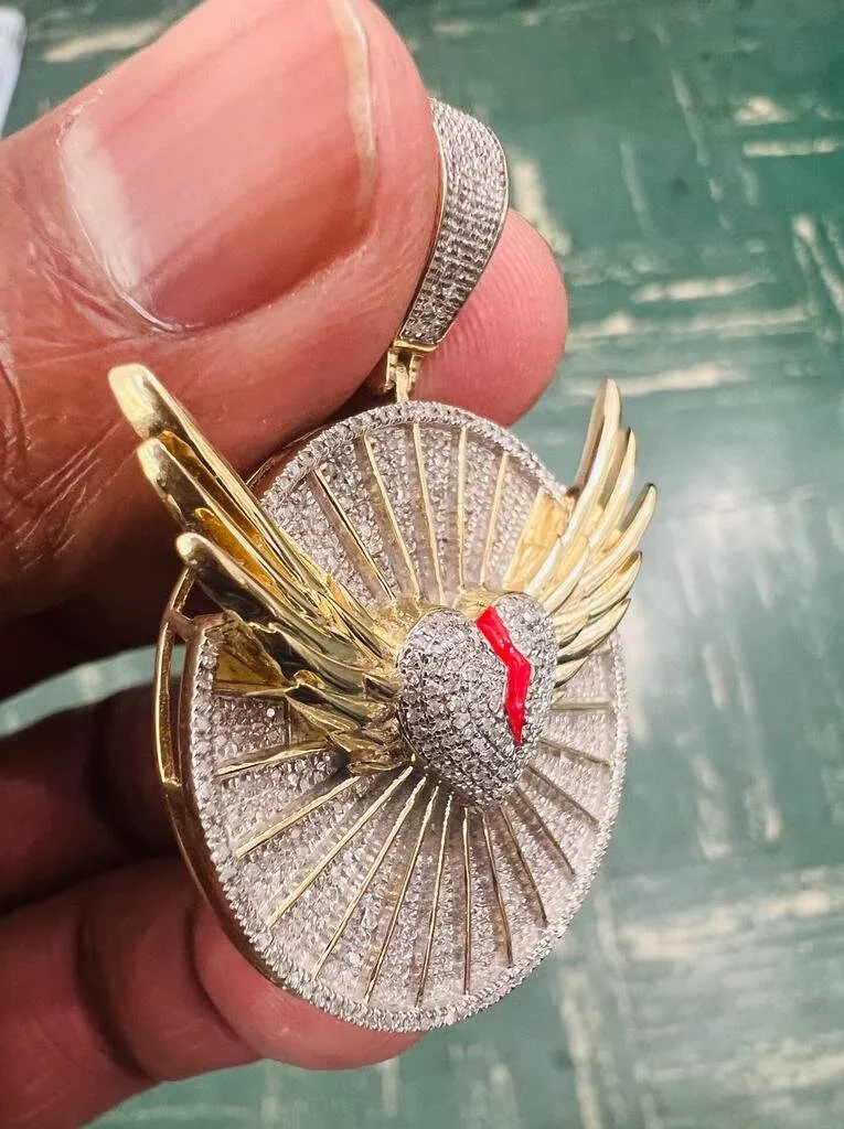 Angel Heart Wing Medallion Pendant 0.79Ct Diamond Pendant 10K Yellow Gold Angel Wing Charm Pendant  | Gift For Him