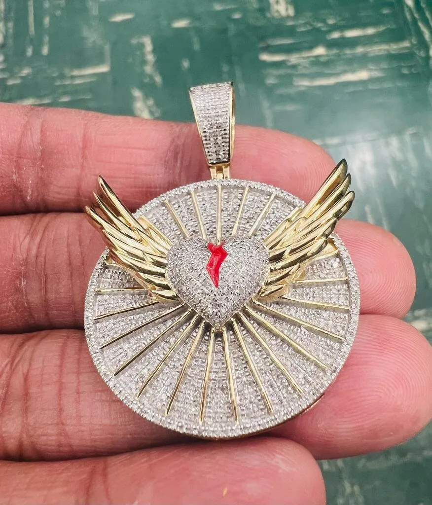 Angel Heart Wing Medallion Pendant 0.79Ct Diamond Pendant 10K Yellow Gold Angel Wing Charm Pendant  | Gift For Him