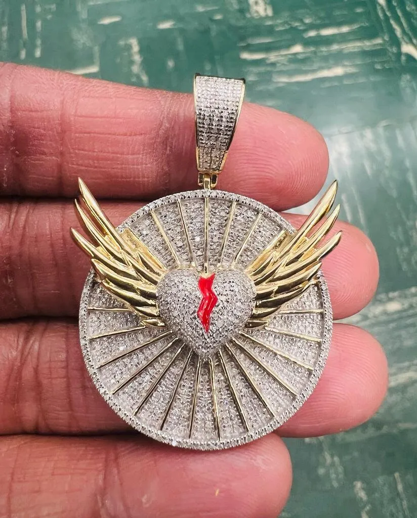 Angel Heart Wing Medallion Pendant 0.79Ct Diamond Pendant 10K Yellow Gold Angel Wing Charm Pendant  | Gift For Him