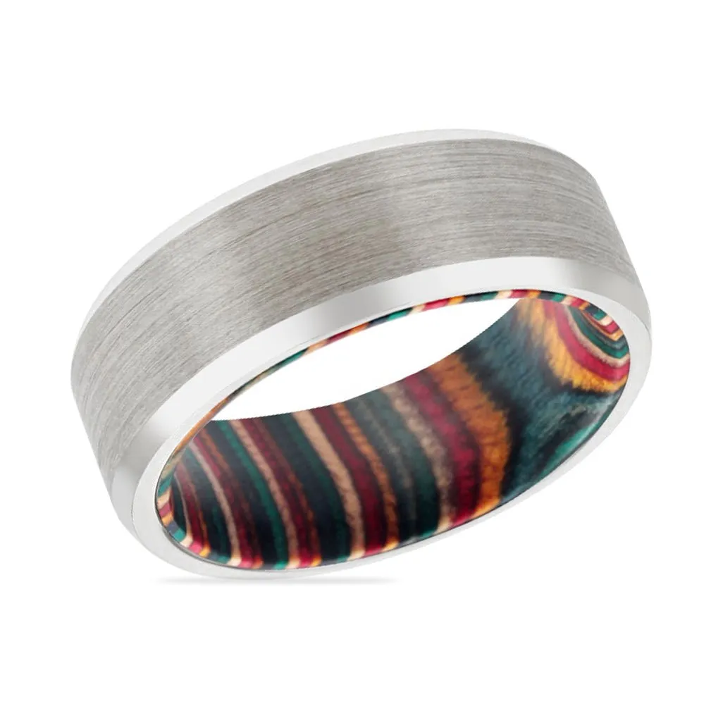ARC | Multi Color Wood, Silver Tungsten Ring, Brushed, Beveled