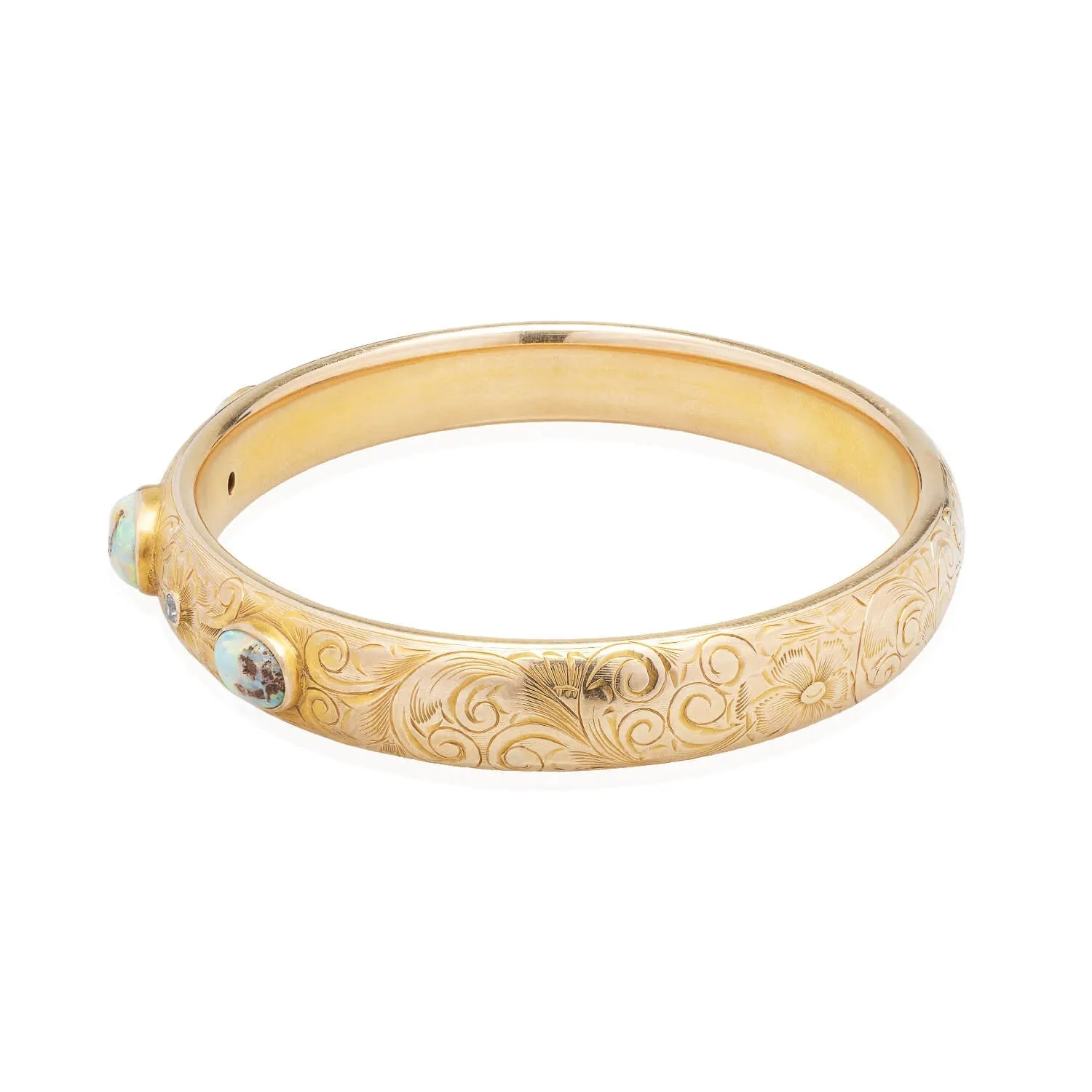 Art Nouveau 14kt Boulder Opal   Diamond Bangle Bracelet