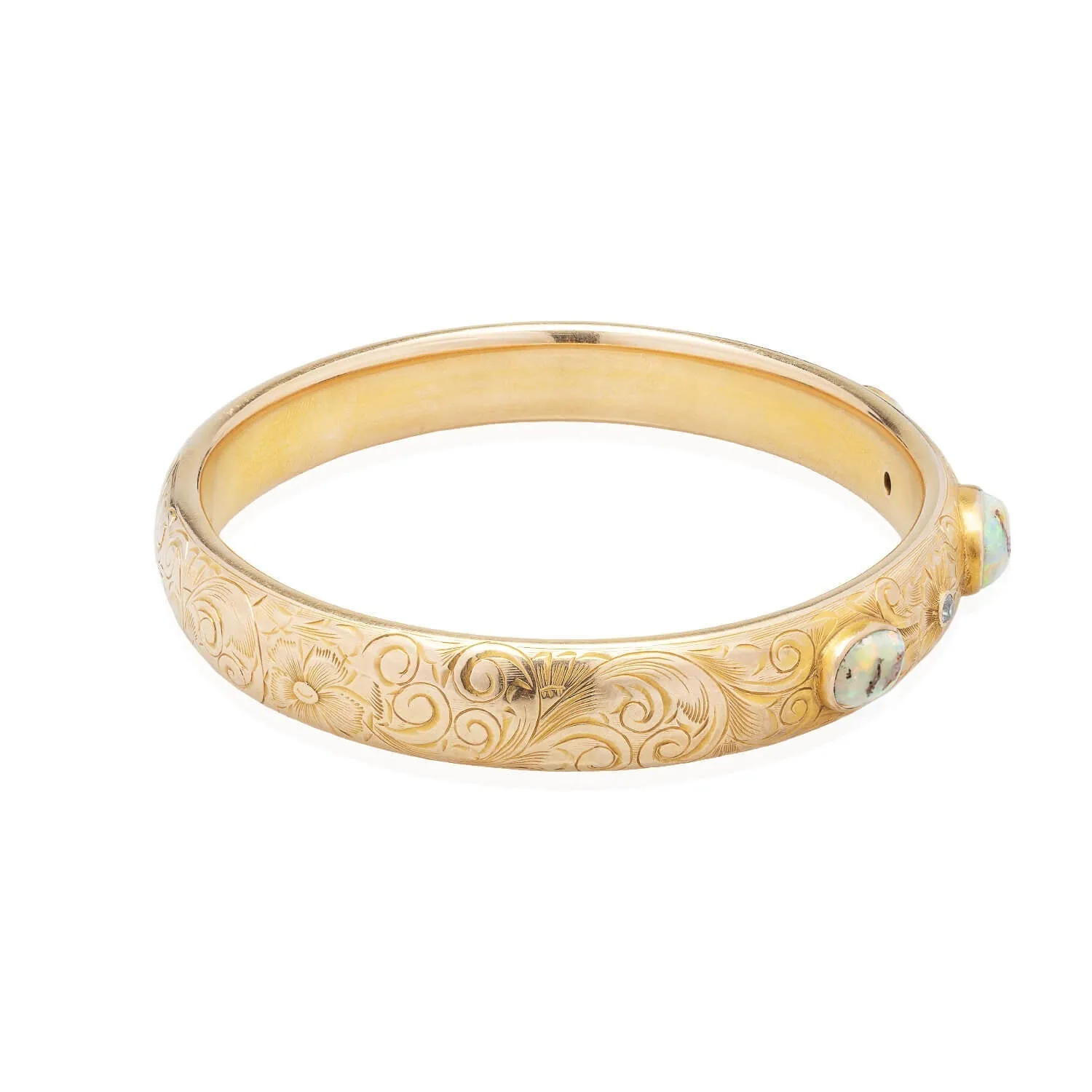 Art Nouveau 14kt Boulder Opal   Diamond Bangle Bracelet