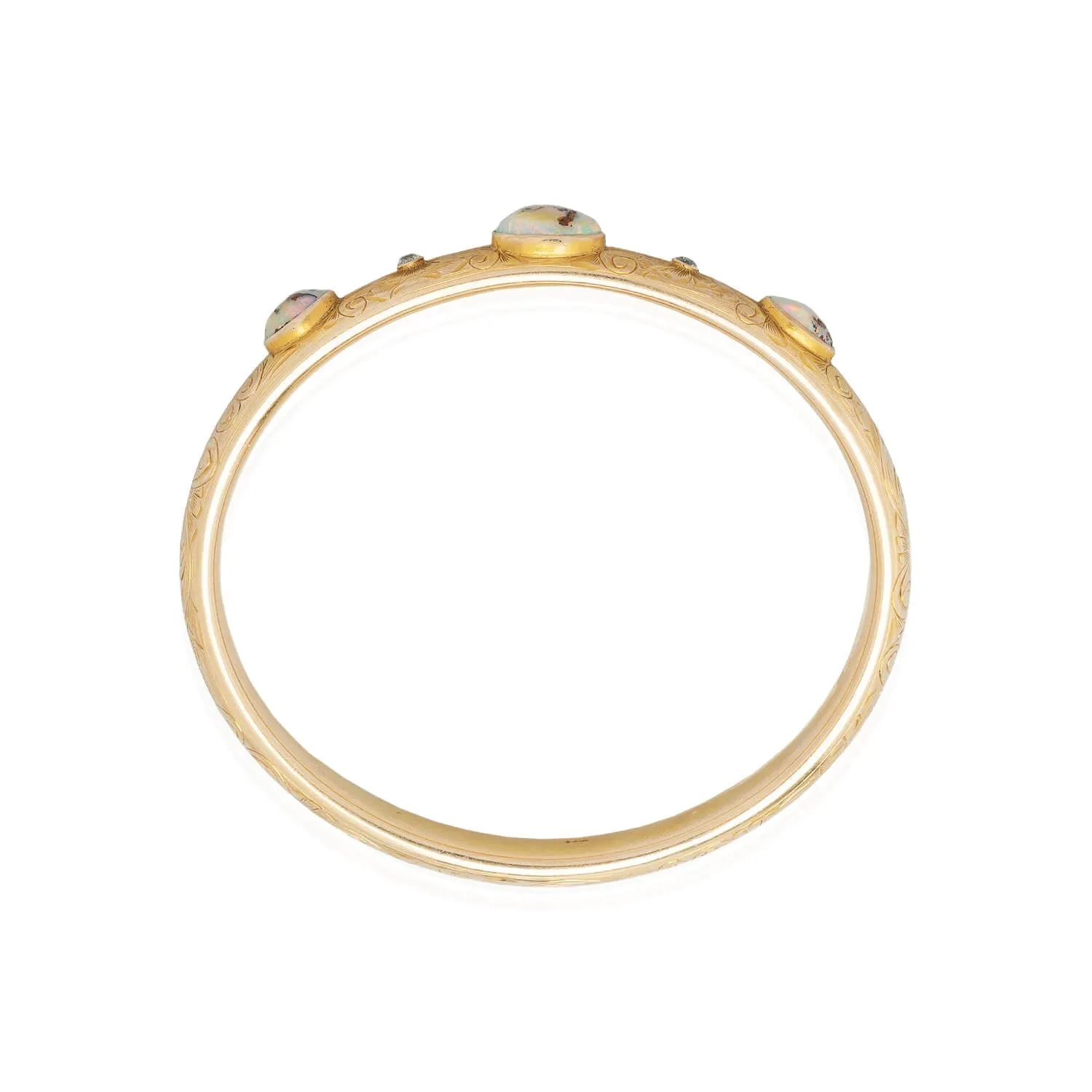 Art Nouveau 14kt Boulder Opal   Diamond Bangle Bracelet