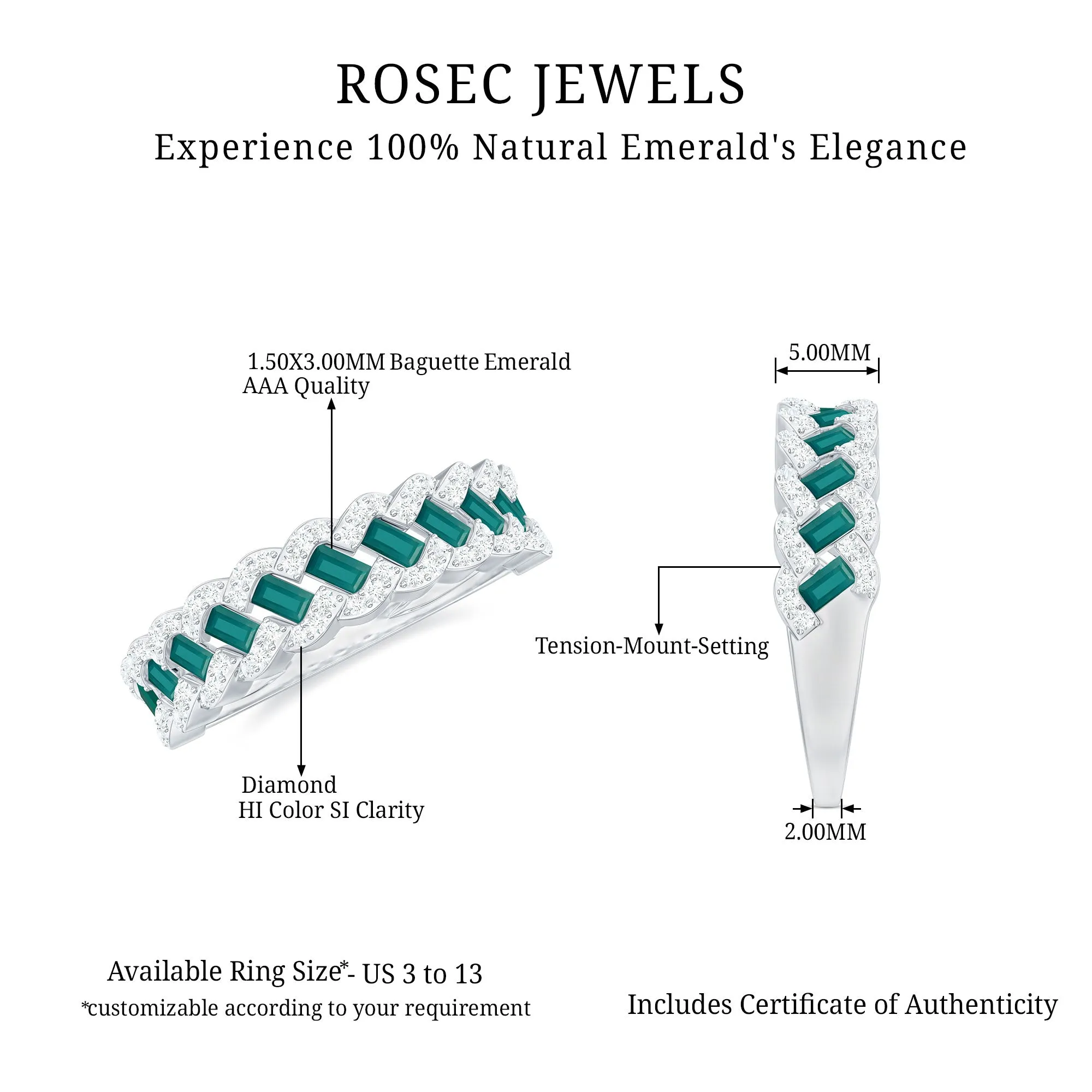 Baguette Emerald and Diamond Braided Half Eternity Band Ring
