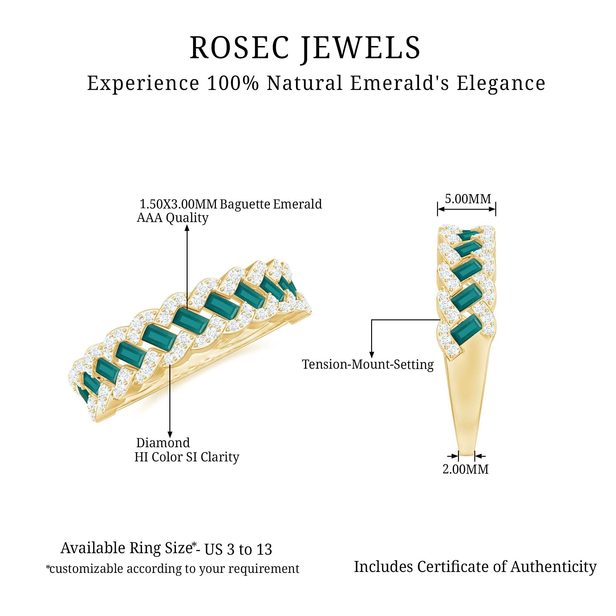 Baguette Emerald and Diamond Braided Half Eternity Band Ring