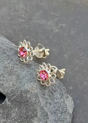 Blue Lily 8mm Silver Pink Crystal Flower Stud Earrings - SS530B