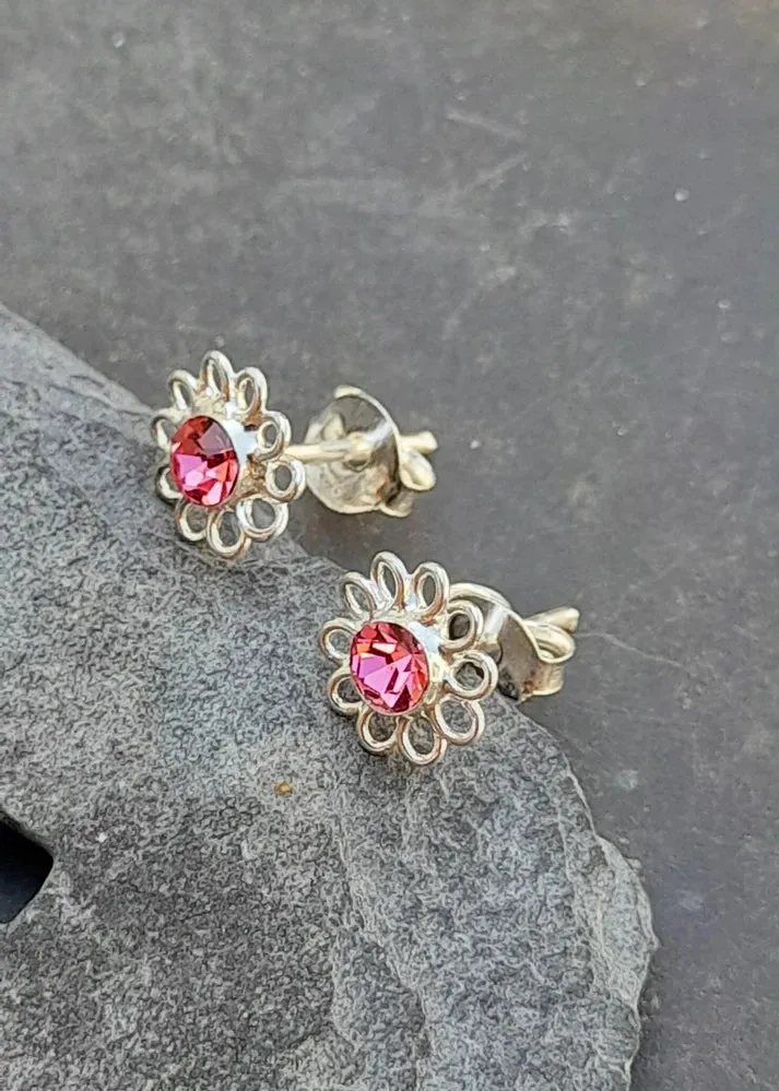 Blue Lily 8mm Silver Pink Crystal Flower Stud Earrings - SS530B