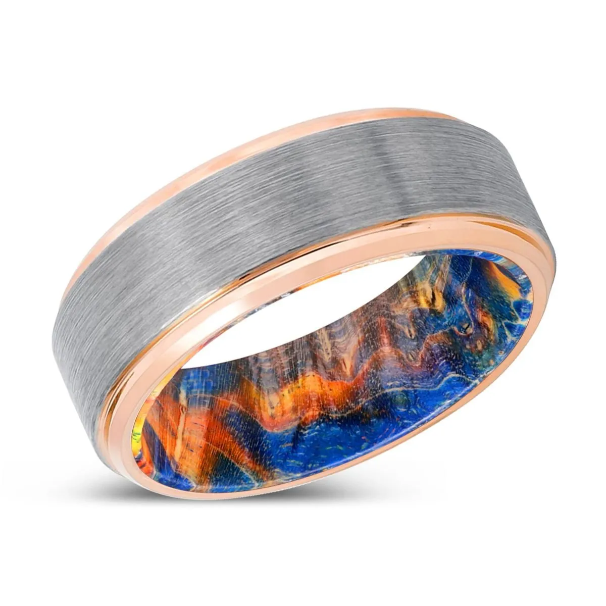 BOBCAT | Blue & Yellow/Orange Wood, Silver Tungsten Ring, Brushed, Rose Gold Stepped Edge