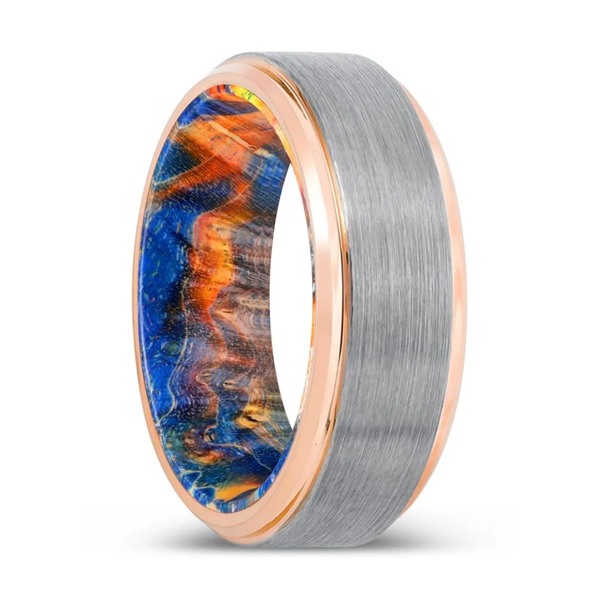 BOBCAT | Blue & Yellow/Orange Wood, Silver Tungsten Ring, Brushed, Rose Gold Stepped Edge
