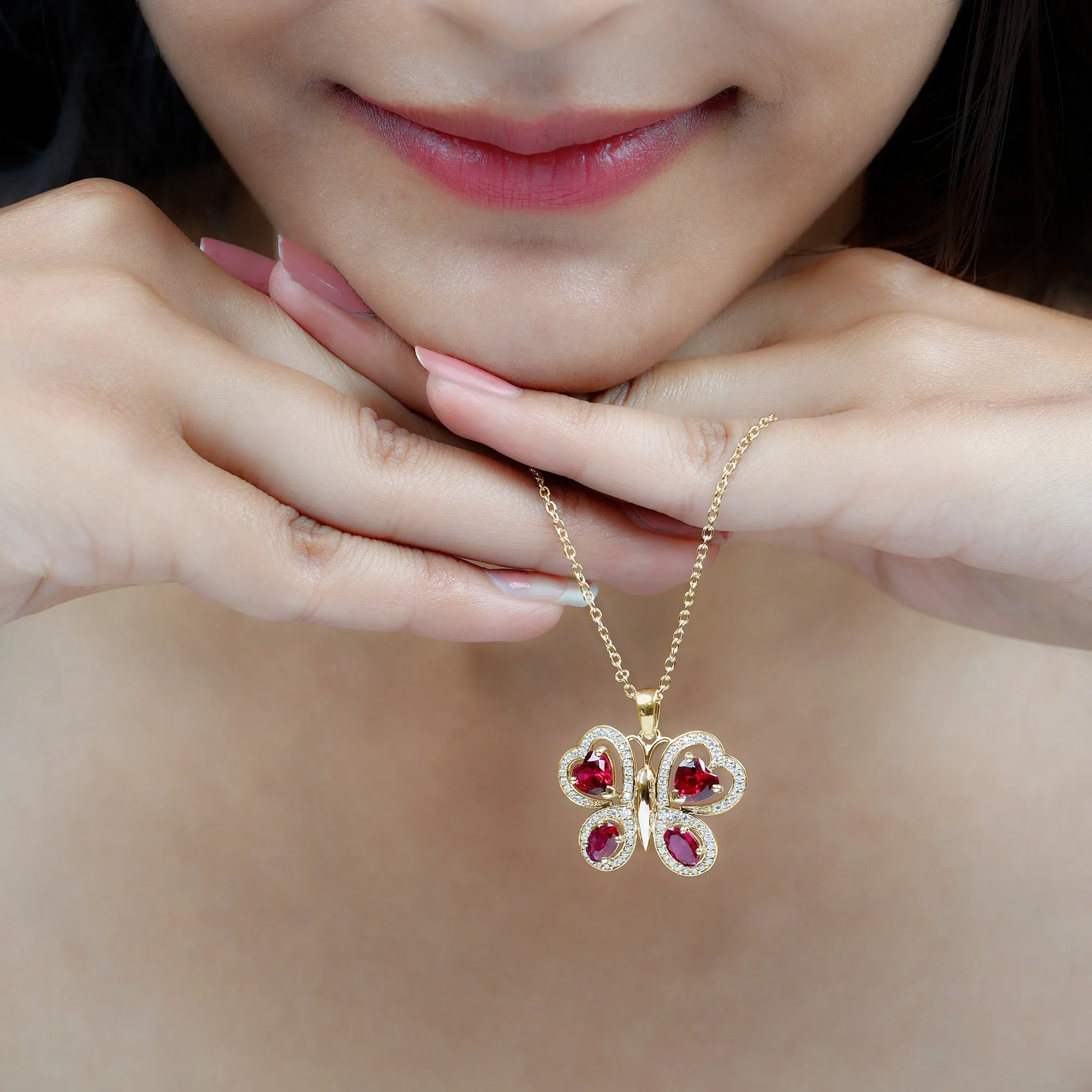 Certified Created Ruby Butterfly Pendant Necklace with Moissanite