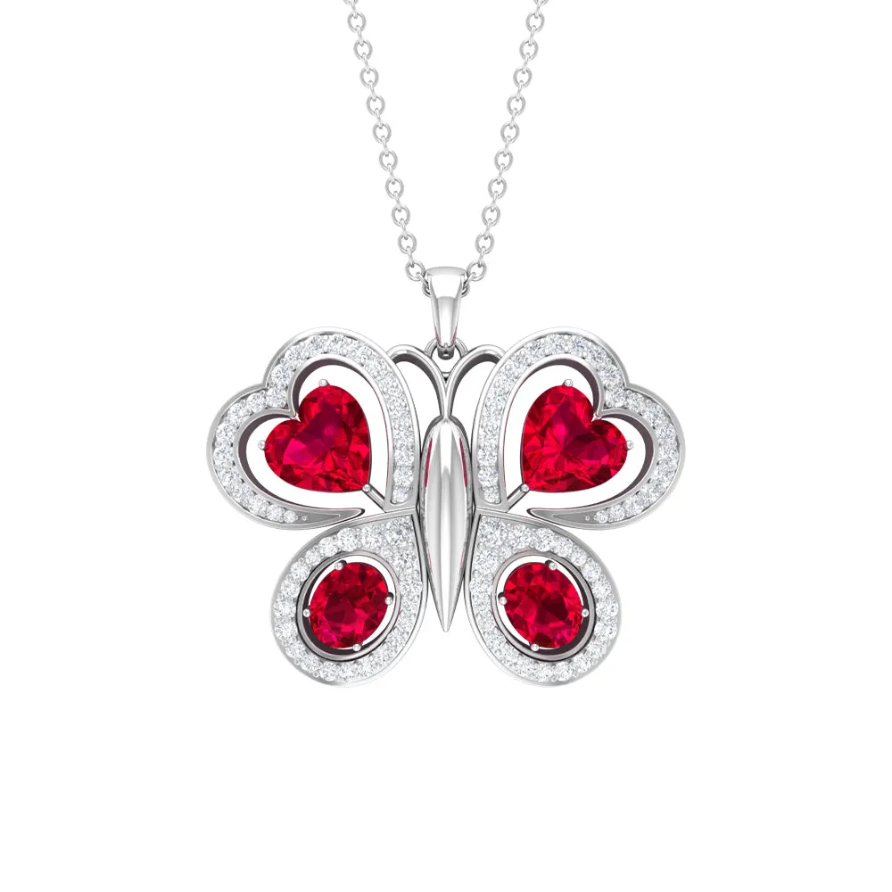 Certified Created Ruby Butterfly Pendant Necklace with Moissanite