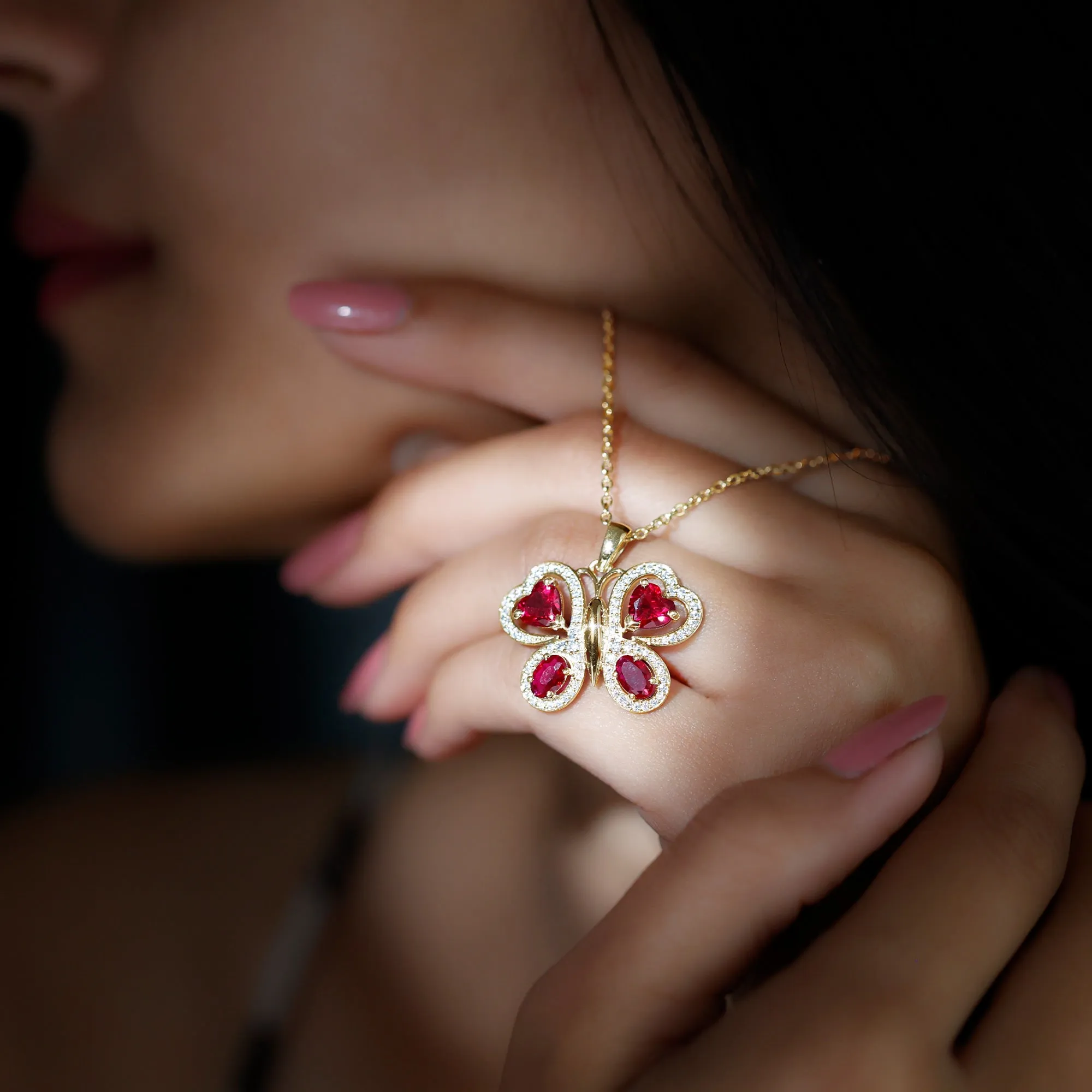 Certified Created Ruby Butterfly Pendant Necklace with Moissanite