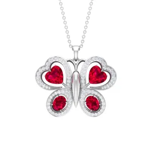 Certified Created Ruby Butterfly Pendant Necklace with Moissanite