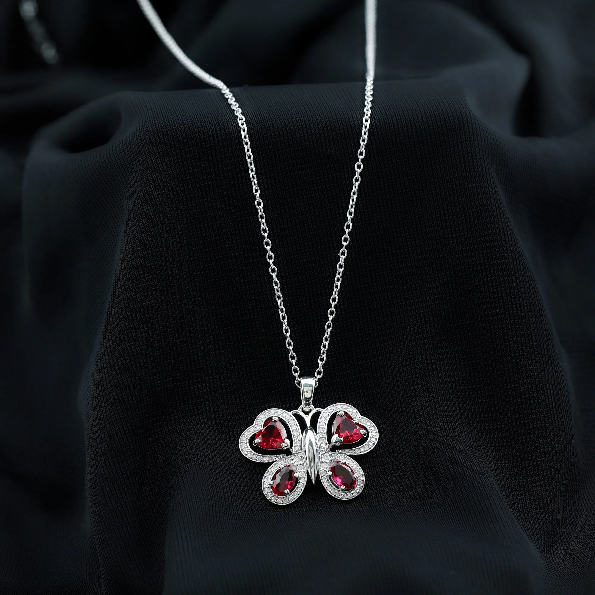 Certified Created Ruby Butterfly Pendant Necklace with Moissanite