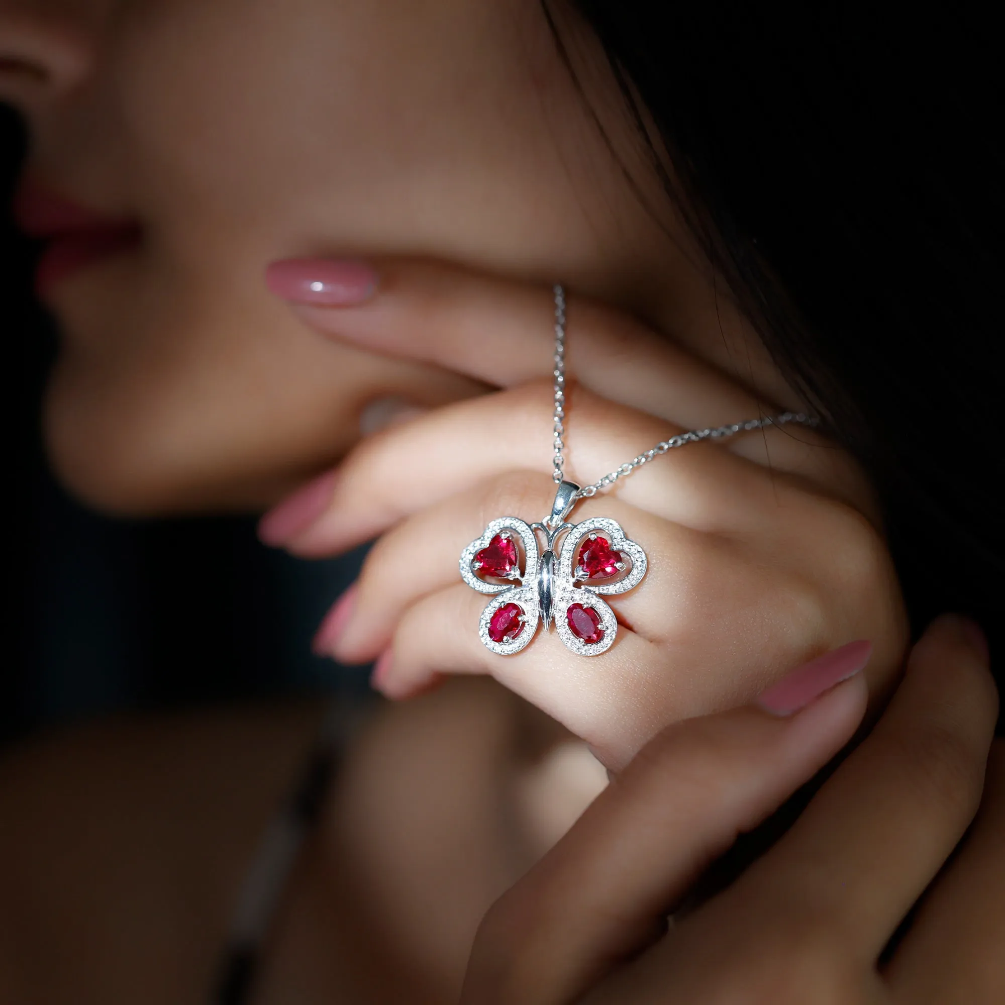 Certified Created Ruby Butterfly Pendant Necklace with Moissanite