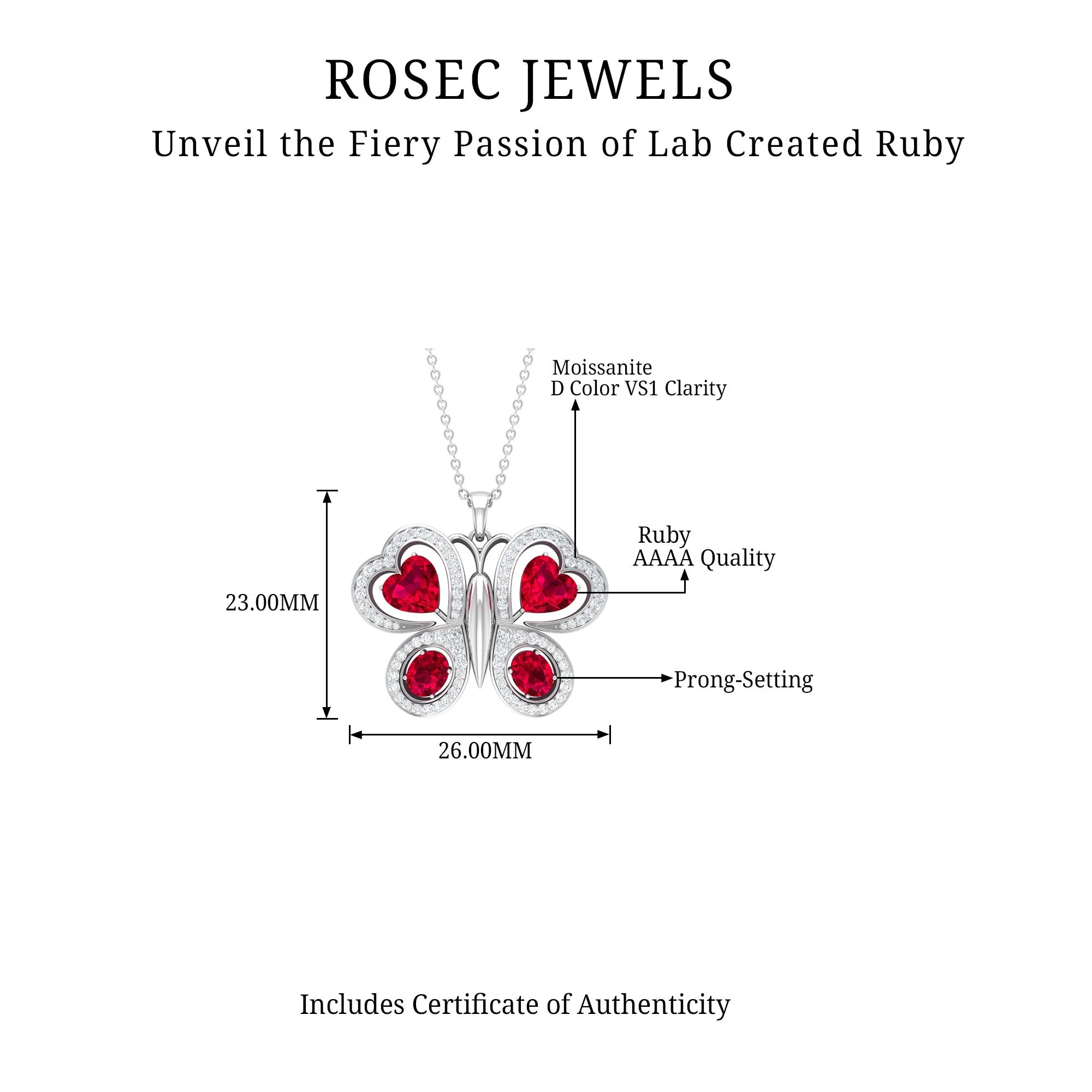 Certified Created Ruby Butterfly Pendant Necklace with Moissanite