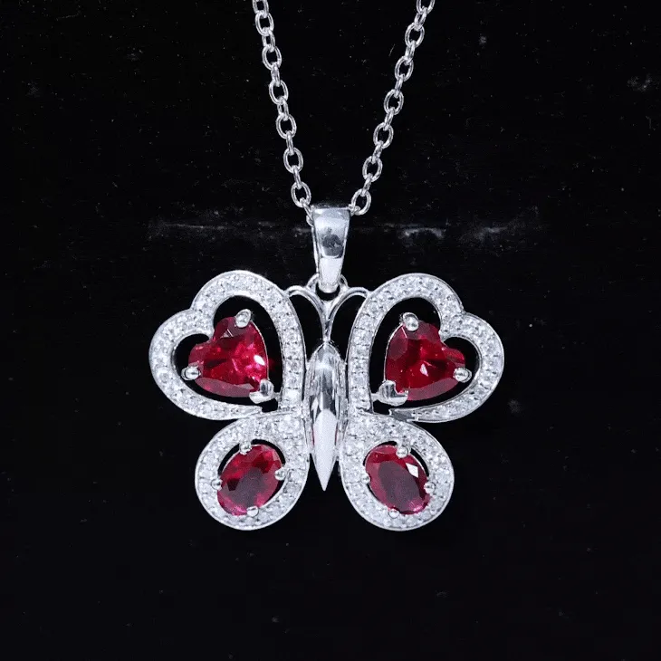 Certified Created Ruby Butterfly Pendant Necklace with Moissanite