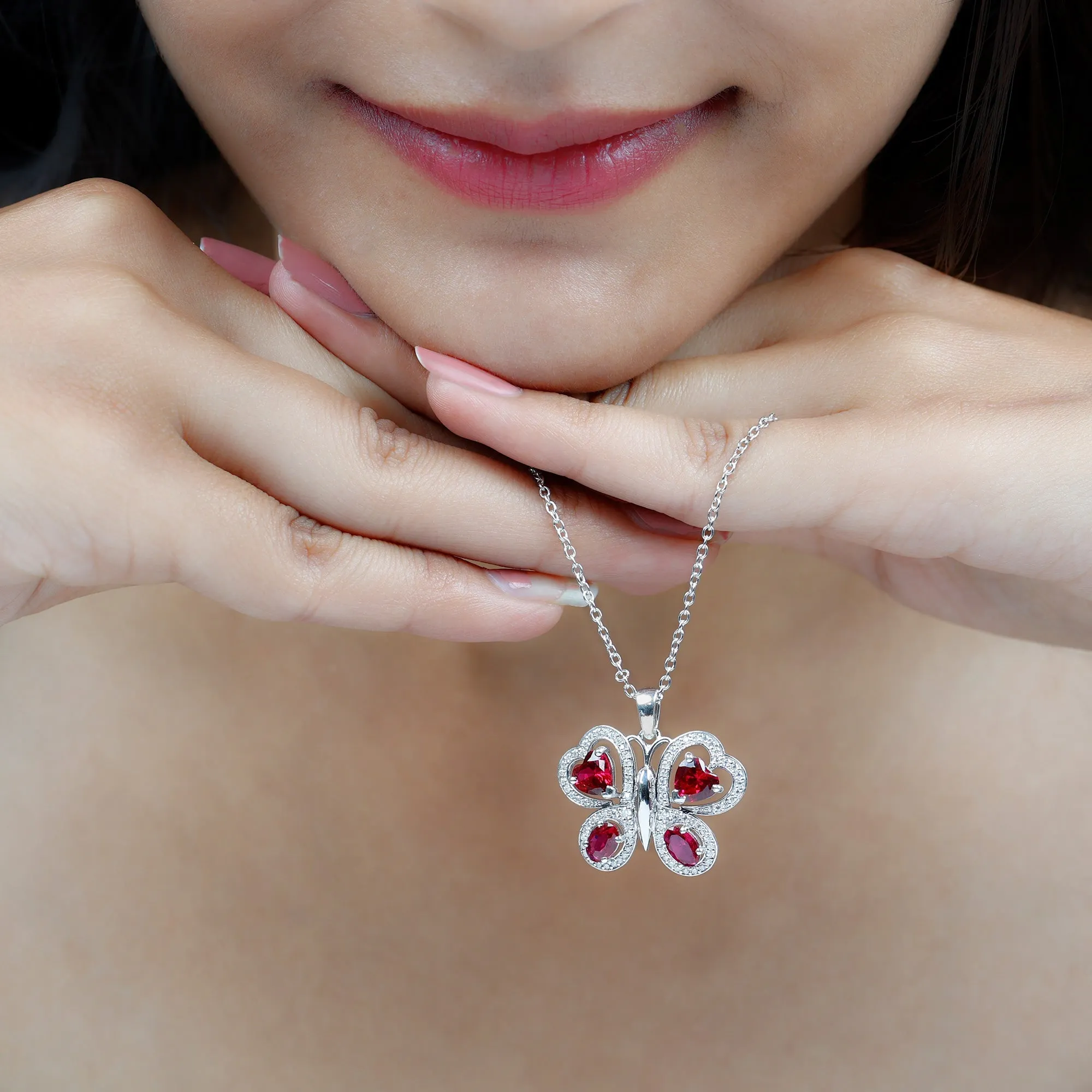 Certified Created Ruby Butterfly Pendant Necklace with Moissanite
