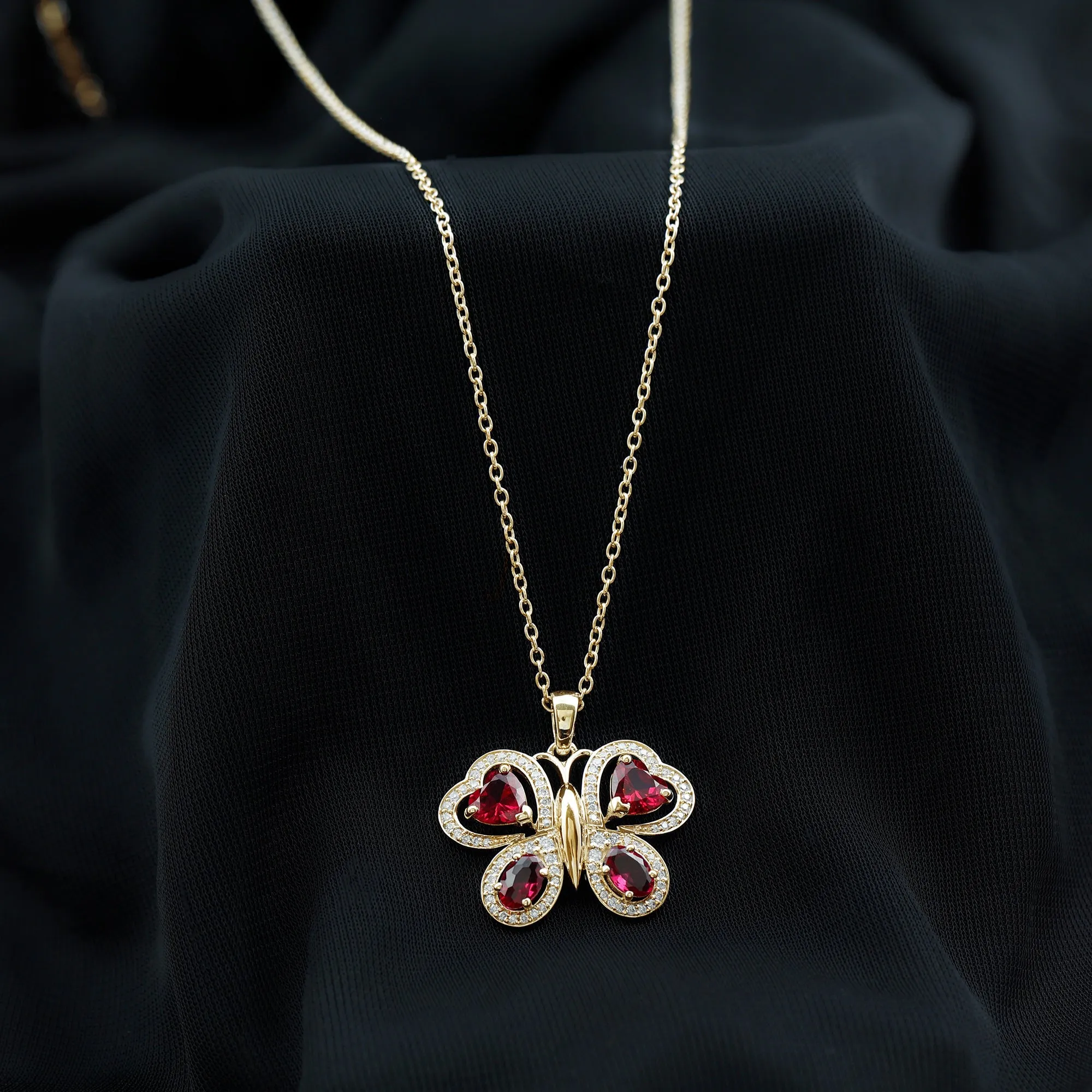 Certified Created Ruby Butterfly Pendant Necklace with Moissanite
