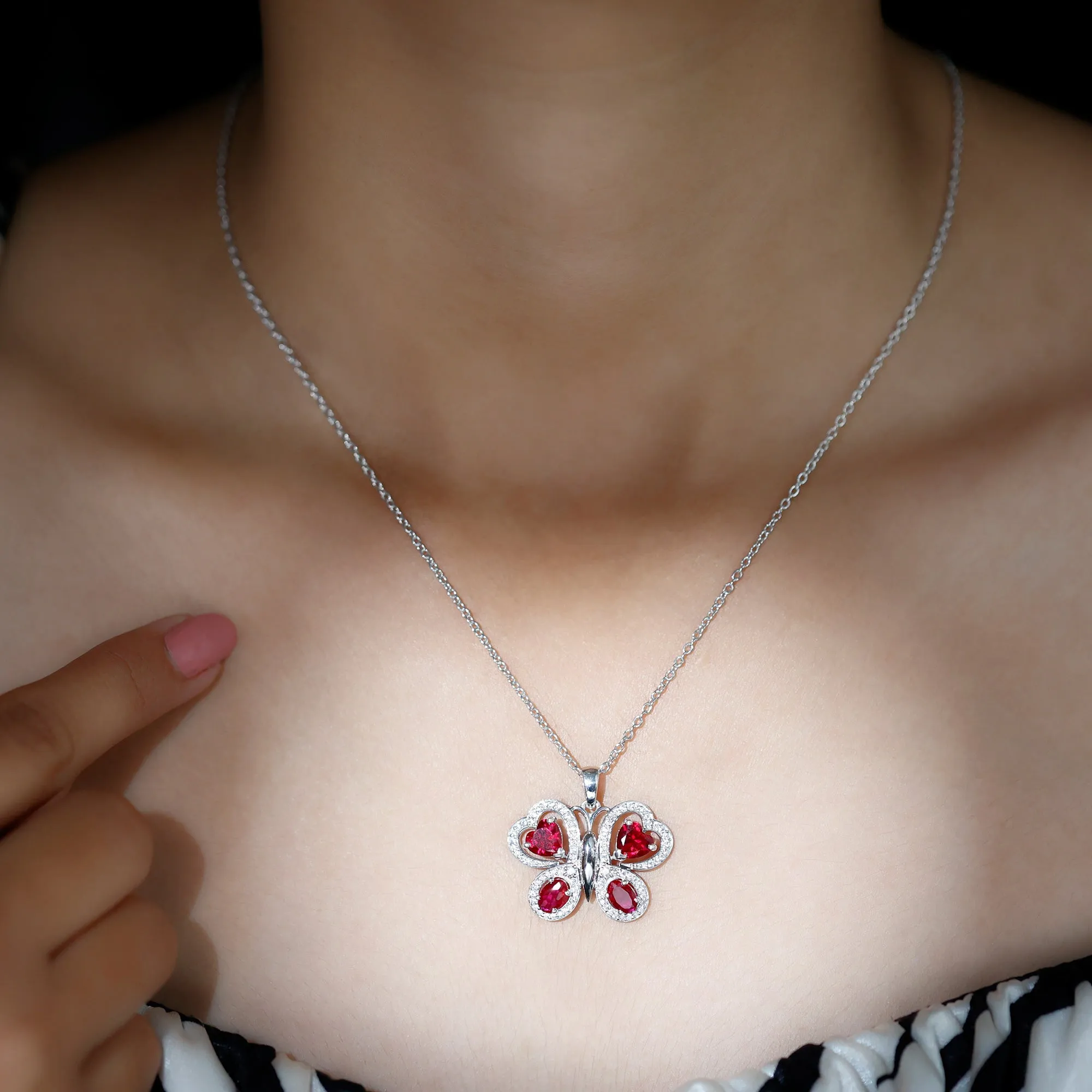 Certified Created Ruby Butterfly Pendant Necklace with Moissanite