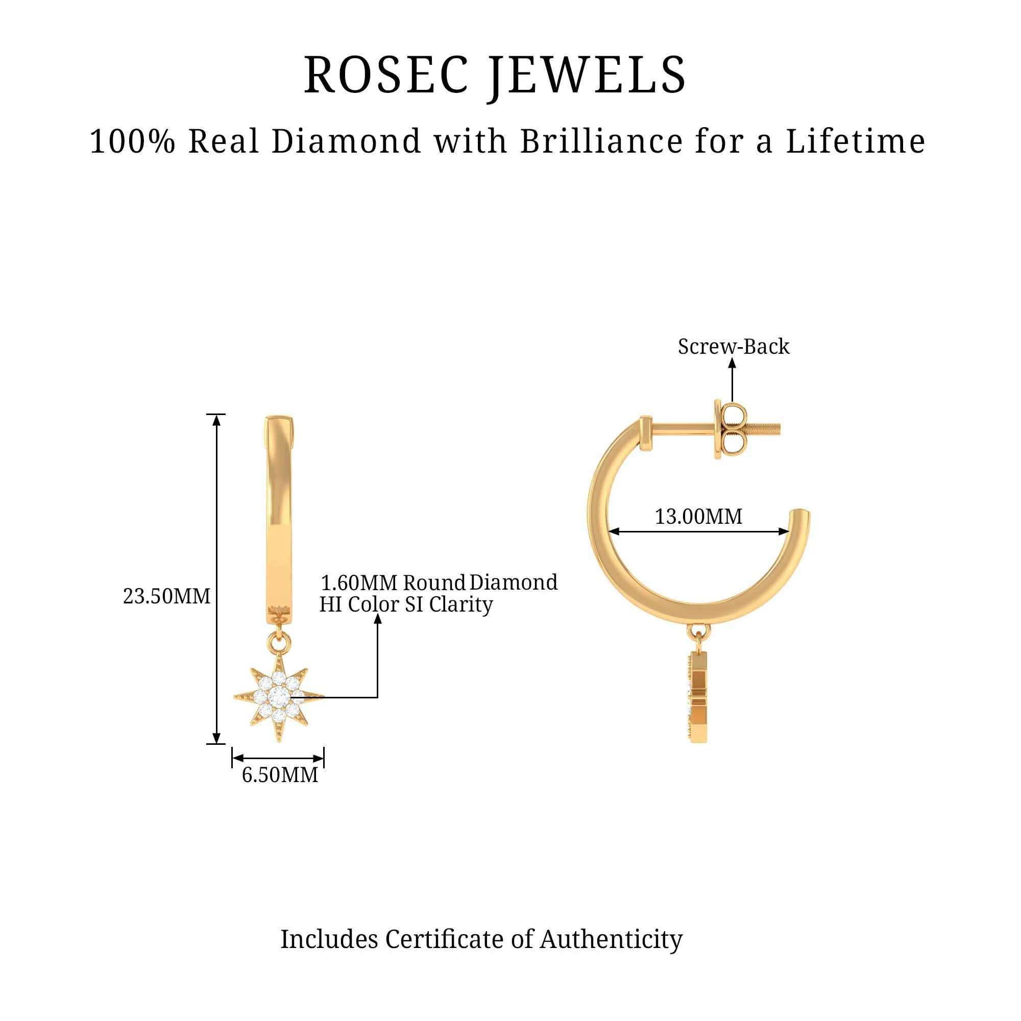 Certified Diamond Star Hoop Drop Earrings