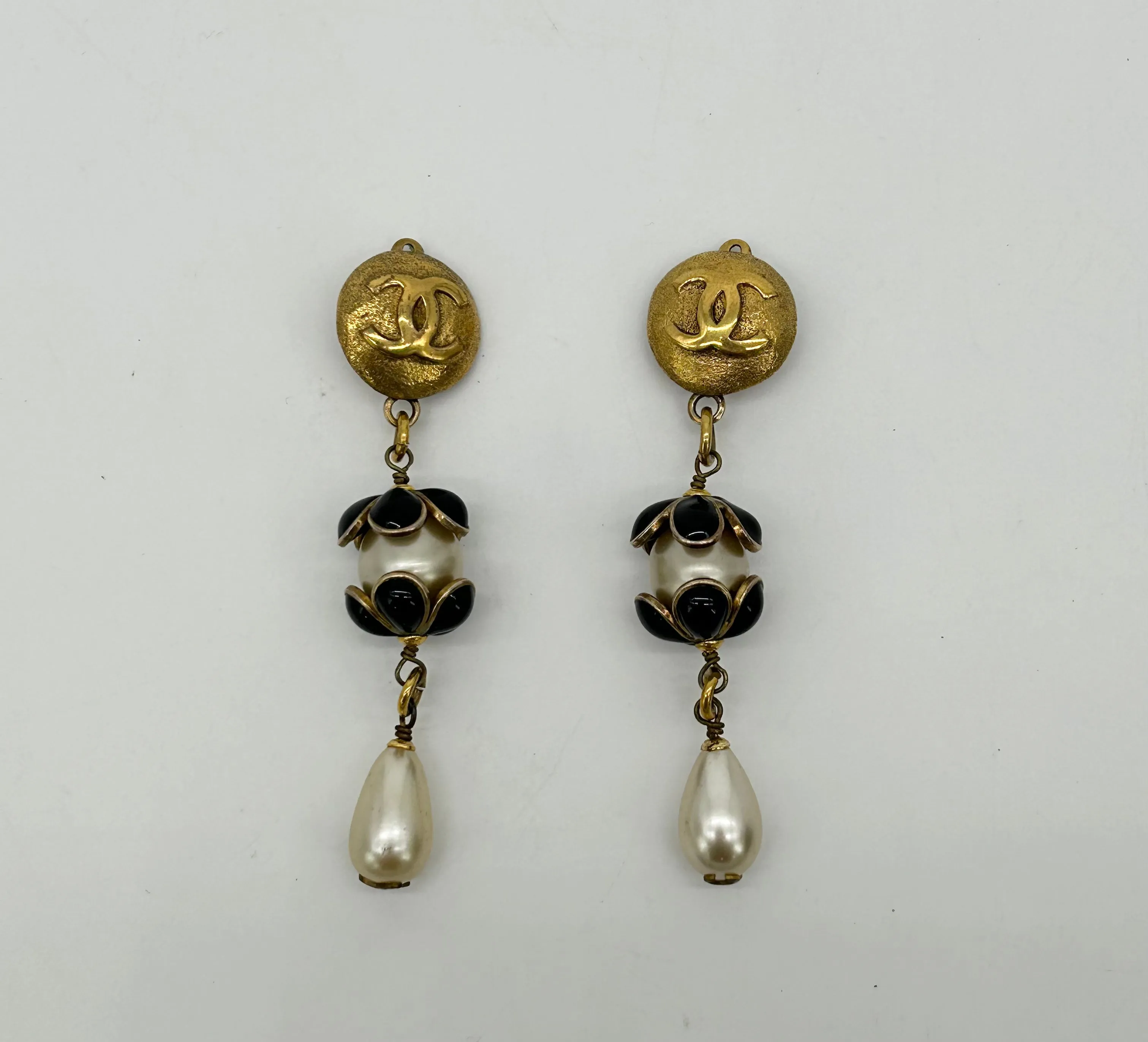 Chanel Gold Enamel Pearl Teardrop Earrings