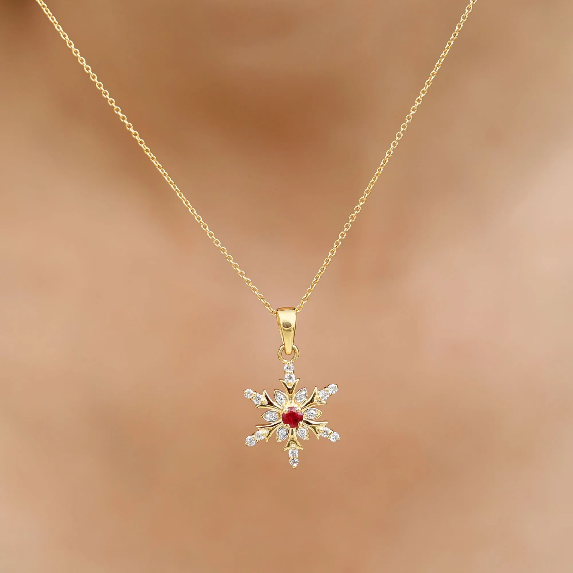Classic Ruby and Diamond Snowflake Pendant Necklace
