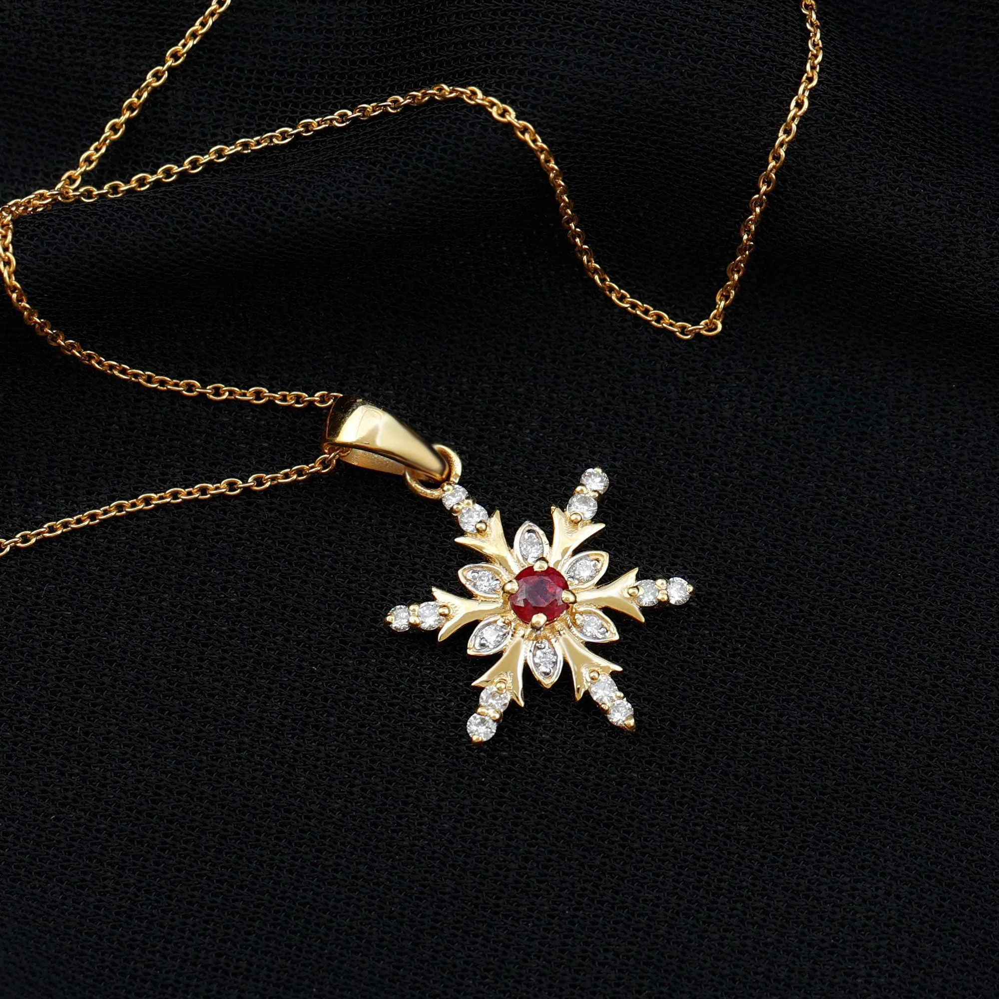 Classic Ruby and Diamond Snowflake Pendant Necklace
