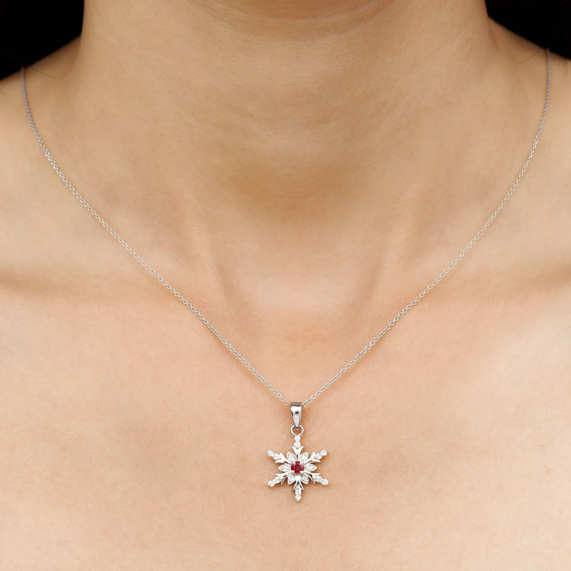 Classic Ruby and Diamond Snowflake Pendant Necklace