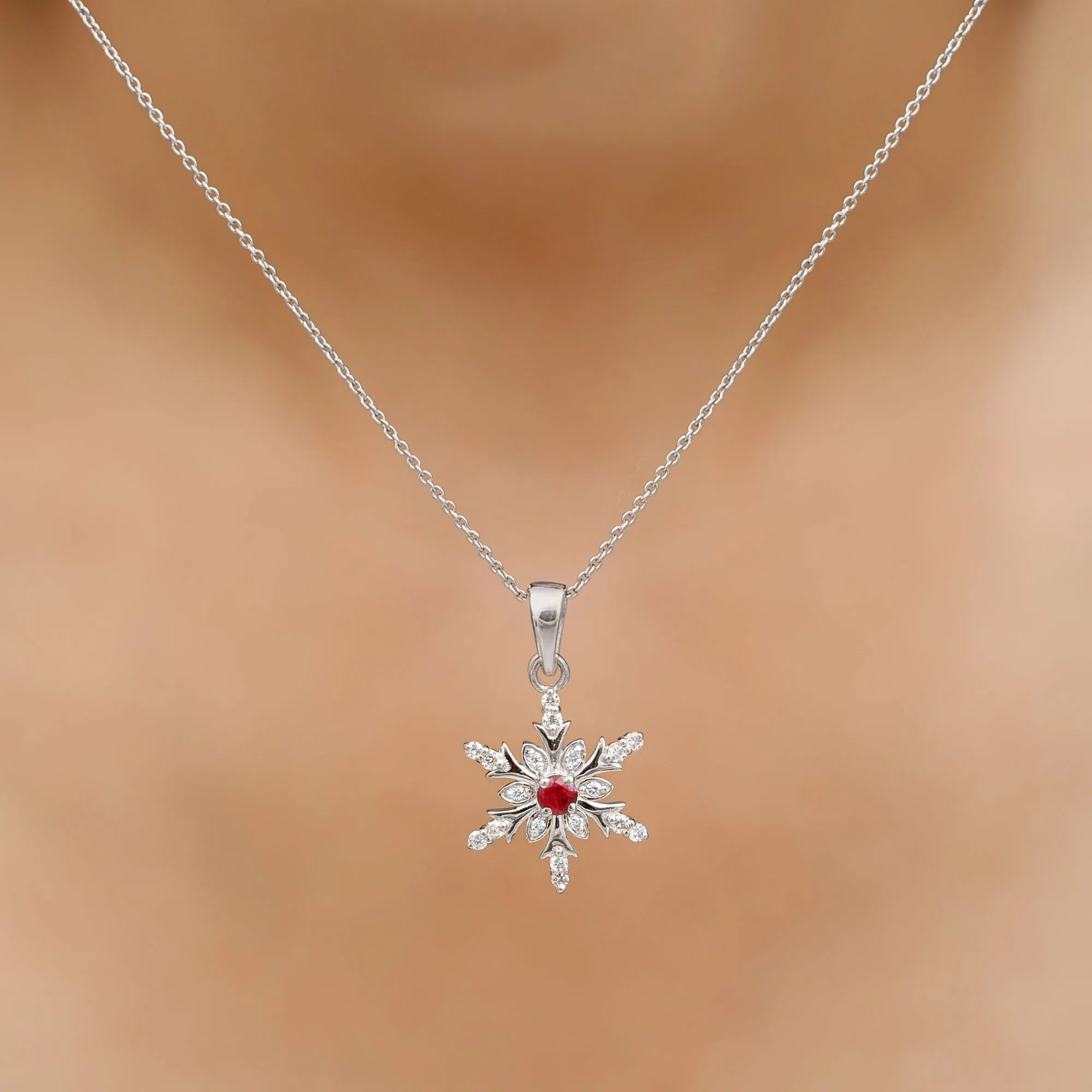 Classic Ruby and Diamond Snowflake Pendant Necklace