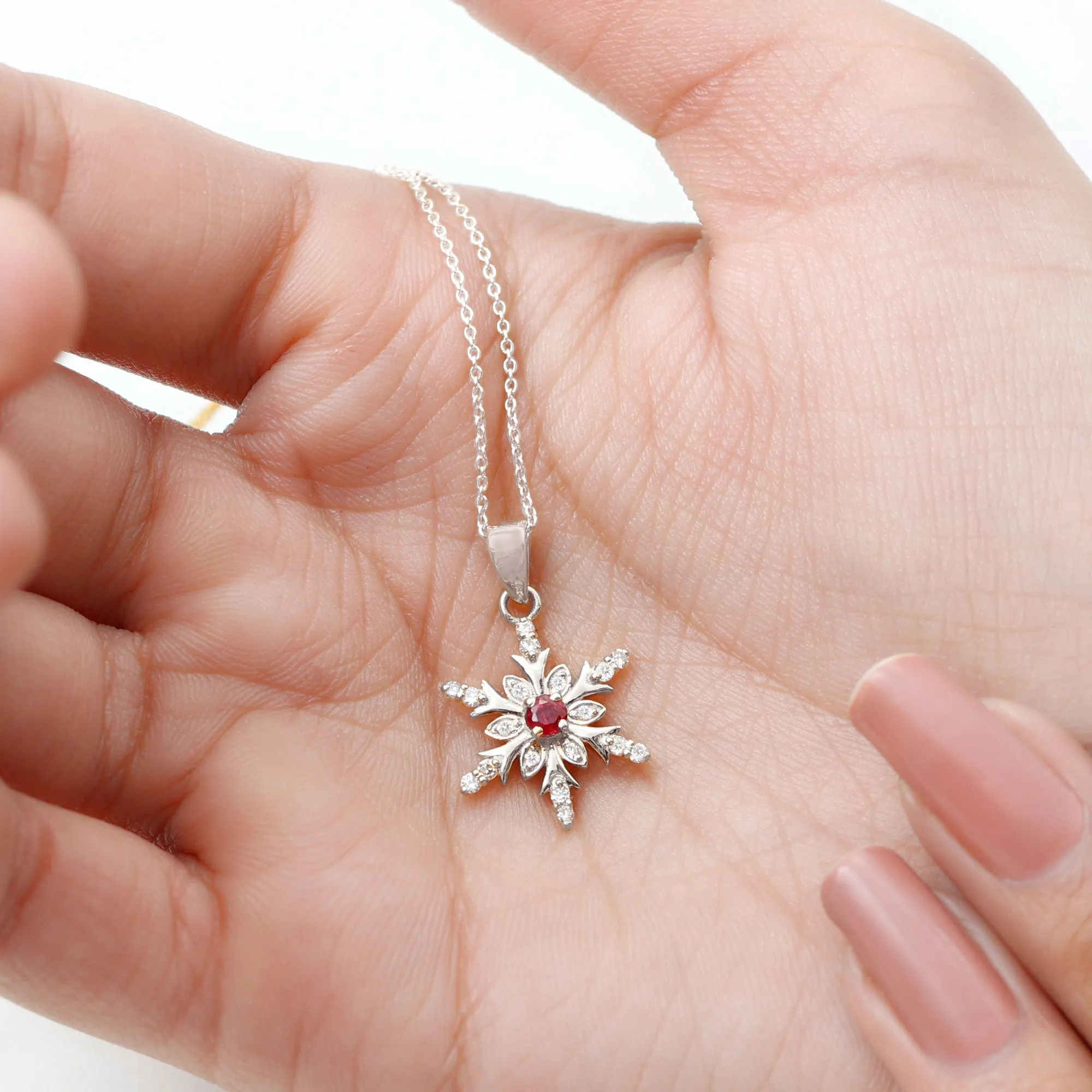 Classic Ruby and Diamond Snowflake Pendant Necklace