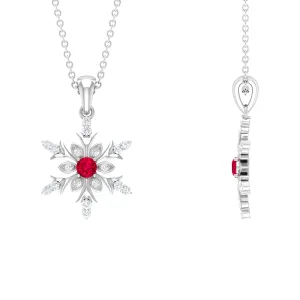 Classic Ruby and Diamond Snowflake Pendant Necklace