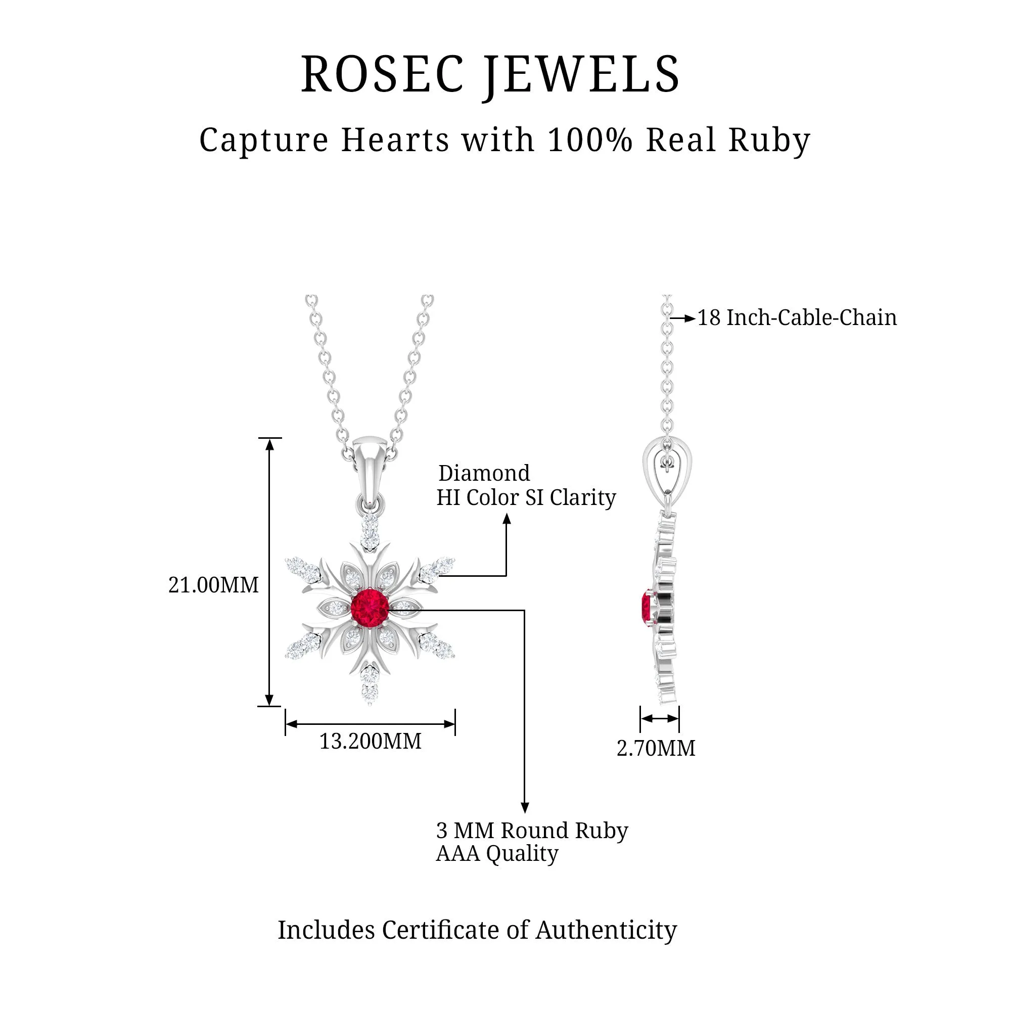 Classic Ruby and Diamond Snowflake Pendant Necklace