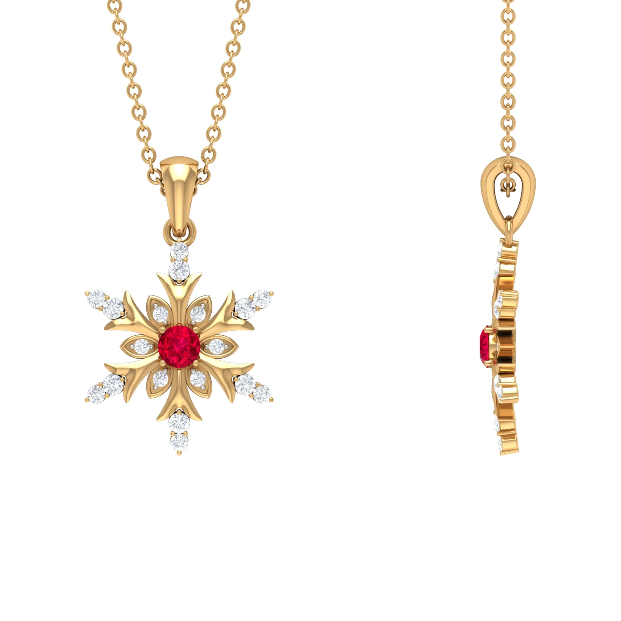 Classic Ruby and Diamond Snowflake Pendant Necklace